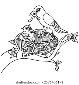 Mother blue bird feeding babies in a nest out line art