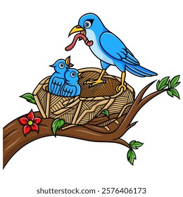 Mother blue bird feeding babies in a nest