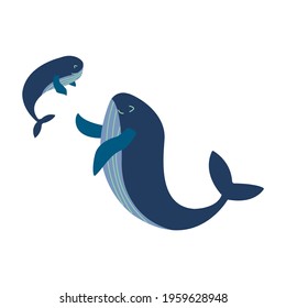 Mother blue whale rejoices looking at her happy child. Mothers Day. Colorful vector isolated illustration hand drawn. Wildlife, mammal from ocean, family