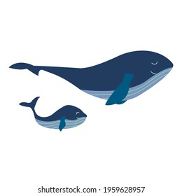 Mother blue whale with a small child swim calmly and happily. Mothers Day. Colorful vector isolated illustration hand drawn. Wildlife, mammal from ocean, family