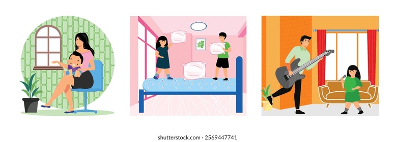 Mother Bonding With Child. Children Playing on a Bed Having a Pillow. Father and Daughter Enjoying Music Together. Set flat vector modern illustration 