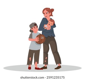 mother boy baby poor condition sad. vector illustration.