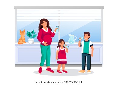 Mother, boy and girl drink water. Pregnant woman holds drinking glass. Vector flat cartoon characters illustration. Happy kids with mom in kitchen