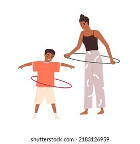 Mother and boy kid twirling hula hoops around waists. Happy family, mom and child, doing physical exercise. Woman and son training together. Flat vector illustration isolated on white background