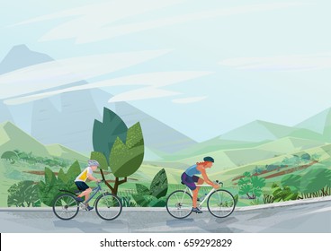 madre y niño montando bicicletas en el paisaje montañoso, ilustración vectorial de alta calidad