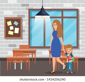 mother with boy student and note board with desks