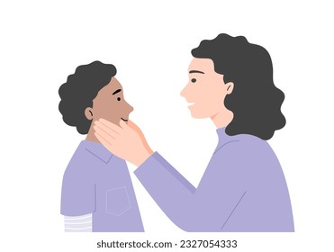 Mother and boy talking and smiling with happy emotion, flat vector illustration.