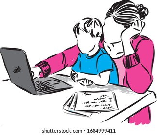 MADRE CON NIÑO TRABAJANDO DESDE LA ILUSTRACIÓN DEL VECTOR DE CASA