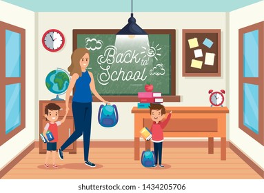 mother with boys studentes with backpack and books
