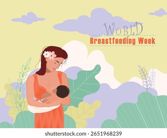 Mãe amamentando bebê para a Semana da Consciência. Ilustração de uma mãe amorosa amamentando seu bebê, promovendo a Semana Mundial da Amamentação e a conscientização sobre a saúde materno-infantil.


