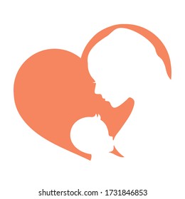 Mother breastfeeding baby silhouette in shape of heart vector illustration