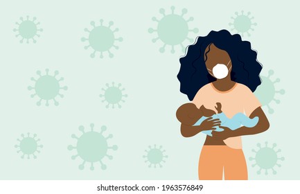 Mother breastfeeding her baby wearing face mask in front of a coronavirus background