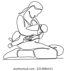 Mother breastfeeding newborn baby one line art colorful elements. Continuous line drawing of newborn, motherhood, family, love, child, breastfeeding, healthy lifestyle.