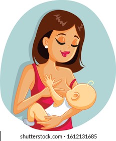 Mother Breastfeeding Newborn Baby Vector Illustration. Loving mom nursing infant stimulating lactation
