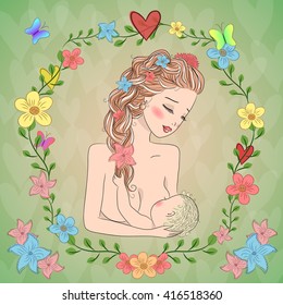 The mother is breastfeeding on a green background with flowers. Card for Mother's Day.