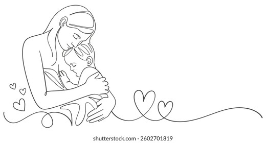 Mother breastfeedscthe baby line art style vector illustration, mothers day celebration illustration