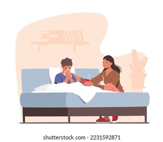 Mother Bringing Hot Tea to Sick Son with Cough and Fever. Little Boy Sitting in Bed during Illness. Mom Character Care of Ill Child at Home. Cartoon People Vector Illustration