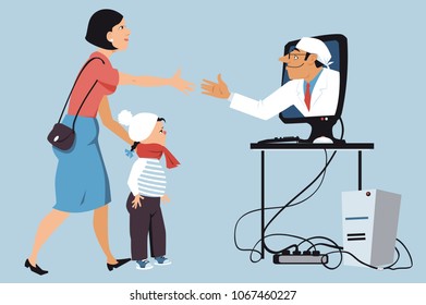 Mother Bringing A Sick Little Girl To A Virtual Visit With A Pediatrician, Shaking Hands With A Doctor,  Coming Out Of A Computer Screen, EPS 8 Vector Illustration