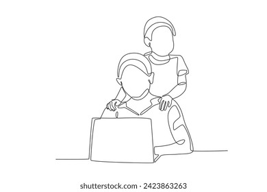 A mother brings her child to the office. Working mom one-line drawing