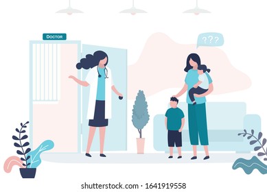 Mother brought the children to see a pediatrician. Mom with son and daughter, female medical specialist or nurse. Health care, medical consultation background. Clinic room interior.Vector illustration