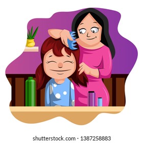 Madre cepillando el vector de ilustración del cabello de su hija sobre fondo blanco