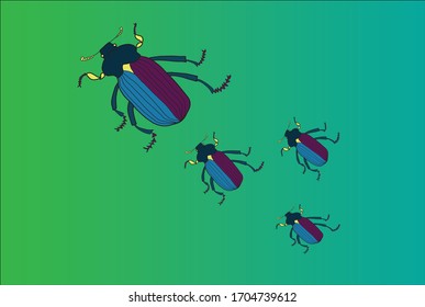 A mother bug followed by three baby bugs on greenish surface.