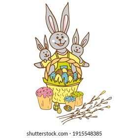 Mother bunny and her little bunnies with a basket of colored painted eggs, cakes, twig of willow. Colorful animal character and element isolated on white background. Happy Easter festive design.