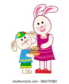 Mother Bunny and Son - Cute bunny boy gives his mother a carrot cake. Eps10