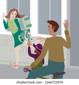 Mother in business suit and sneakers runs and waves goodbye to her husband and daughter on a bicycle. The vector illustration shows the modern rhythm of life and the change of traditional roles.