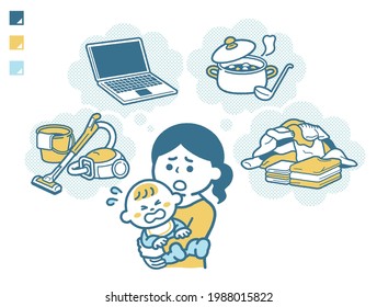 Mother busy with housework and childcare