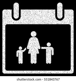 Mother Calendar Day grainy textured icon for overlay watermark stamps. Flat symbol with unclean texture. Dotted vector white ink rubber seal stamp with grunge design on a black background.
