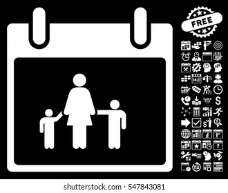 Mother Calendar Day icon with bonus calendar and time management pictograms. Vector illustration style is flat iconic symbols, white, black background.