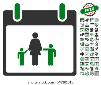 Mother Calendar Day icon with bonus calendar and time management pictures. Vector illustration style is flat iconic symbols, green and gray, white background.