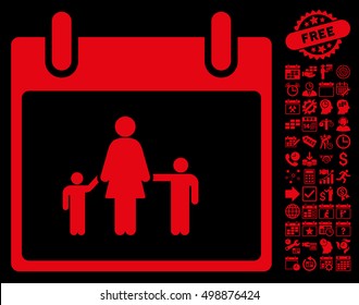Mother Calendar Day pictograph with bonus calendar and time management graphic icons. Vector illustration style is flat iconic symbols, red, black background.
