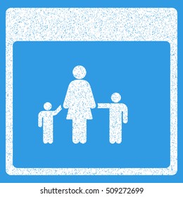 Mother Calendar Page grainy textured icon for overlay watermark stamps. Flat symbol with unclean texture. Dotted vector white ink rubber seal stamp with grunge design on a blue background.