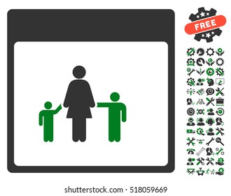 Mother Calendar Page icon with bonus options design elements. Vector illustration style is flat iconic symbols, green and gray, white background.