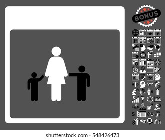 Mother Calendar Page icon with bonus calendar and time management pictograph collection. Vector illustration style is flat iconic symbols, black and white, gray background.