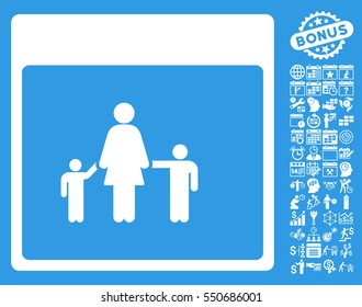 Mother Calendar Page icon with bonus calendar and time management graphic icons. Vector illustration style is flat iconic symbols, white, blue background.