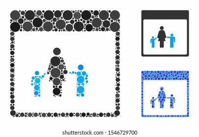 Mother calendar page mosaic of circle elements in variable sizes and color hues, based on mother calendar page icon. Vector circle elements are organized into blue illustration.