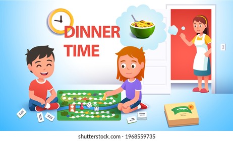 Mother calling children for dinner while girl, boy sitting on room floor playing board game at home. Mom parenting kids playing together. Childhood dinner time. Flat vector character illustration