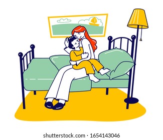 Mother Calm Down Little Frightened Son Sitting on her Knees in Bedroom. Baby Crying on Nightmare Dream and Scary Monster under Bed. Darkness Phobia, Fear. Cartoon Flat Vector Illustration, Line Art