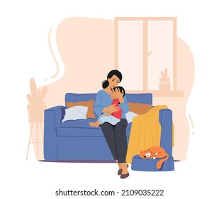 Mother Calm Down Little Frightened And Crying Son Sitting On Her Knees In Bedroom. Child Cry Of Nightmare Dream, Phobia, Fear, Mom Comforting, Support And Hugging Baby. Cartoon Vector Illustration