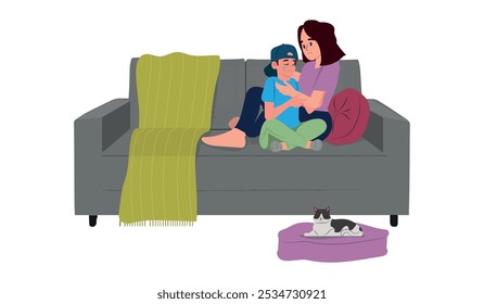 La madre se calma, pequeño hijo asustado y llorando sentado de rodillas en el dormitorio. Niño Grito de Pesadilla Sueño, Fobia, Miedo, Madre Consoladora, Asistencia y Abrazo Bebé. Ilustración vectorial de dibujos animados.