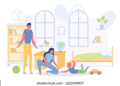 Mother Calming Down Yelling Son Flat Cartoon Vector Illustration. Surprised or Confused Man Looking at Kid. Relationships between Parents and Boy Child. Bringin up. Childhood Problems.