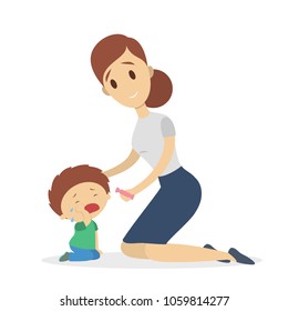 Mother calming sad crying boy on white.