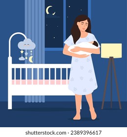 Mother calms down her little baby.Woman singing lullaby next to crib.Kids bedtime, sleep hygiene, happy childhood Vector flat illustration