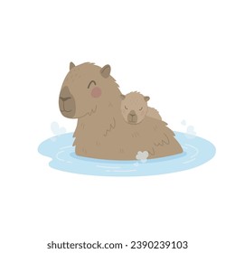 Mother capybara and her baby are taking a bath