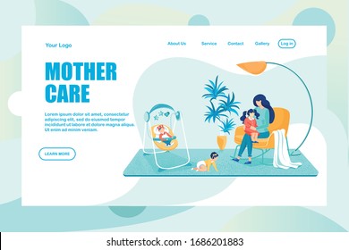 Mother Care and Motherhood. Mom of Large Family. Mummy of Many Children. Woman Caring of Newborn Baby and Preschooler Daughter. Motivation Landing Page. Happy Parenting. Vector Illustration