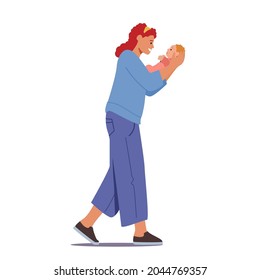 Mother Care of Newborn Child. Young Redheaded Caucasian Female Character Holding Baby on Hands, Woman Rock Kid to Sleep, Singing Song. Maternity, Mom Love Concept. Cartoon People Vector Illustration