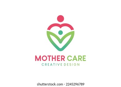 Diseño del logo de la ilustración del vector de cuidado de la madre con icono del bebé en el corazón